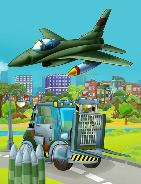 Escena de dibujos animados con vehículo militar coche del ejército en la carretera y avión de reacción volando sobre - ilustración para los niños — Foto de Stock