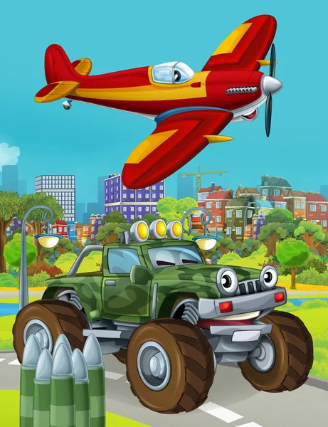 Kreslená scéna s vojenským armádním vozem na silnici a letadlem přeletěním - ilustrace pro děti — Stock fotografie