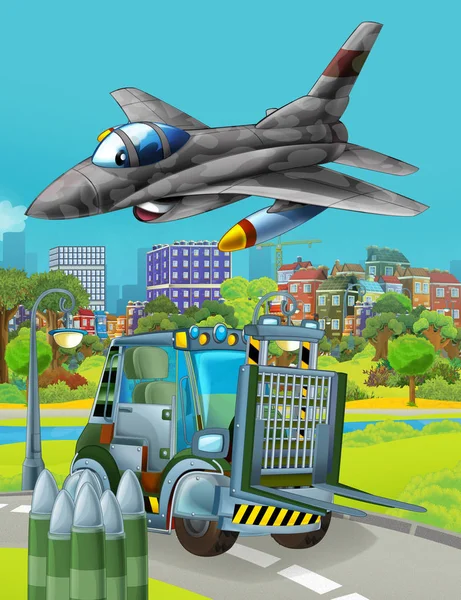 Escena de dibujos animados con vehículo militar coche del ejército en la carretera y avión de reacción volando sobre - ilustración para los niños —  Fotos de Stock