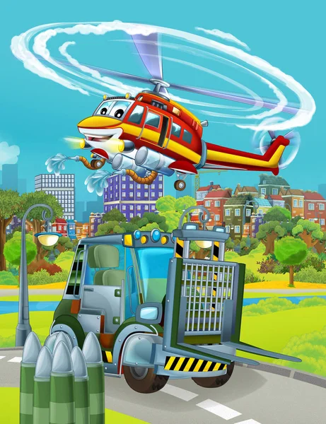 Scena dei cartoni animati con veicolo militare dell'esercito sulla strada e elicottero pompiere che sorvola - illustrazione per bambini — Foto Stock