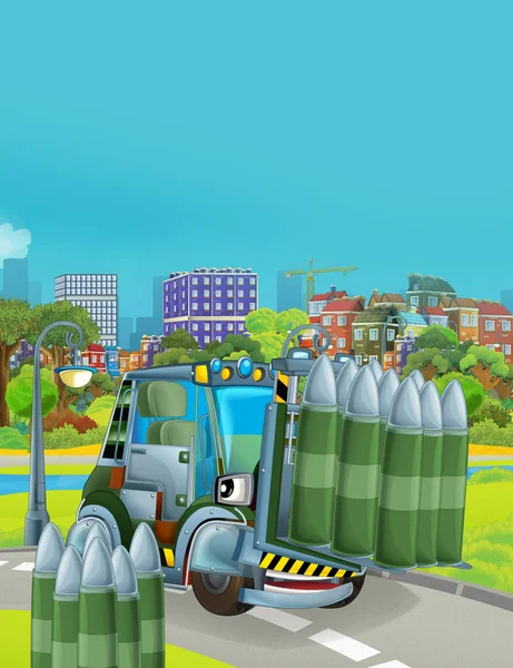 Мультфильм сцены с военным автомобилем на дороге - иллюстрация для детей — стоковое фото