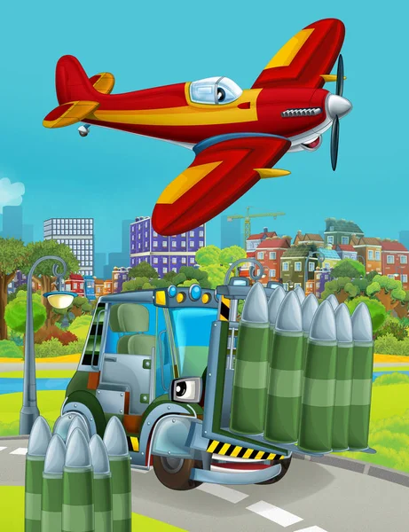 Cartoon scene with military army car vehicle on the road and fireman plane flying over - illustration for children — 스톡 사진