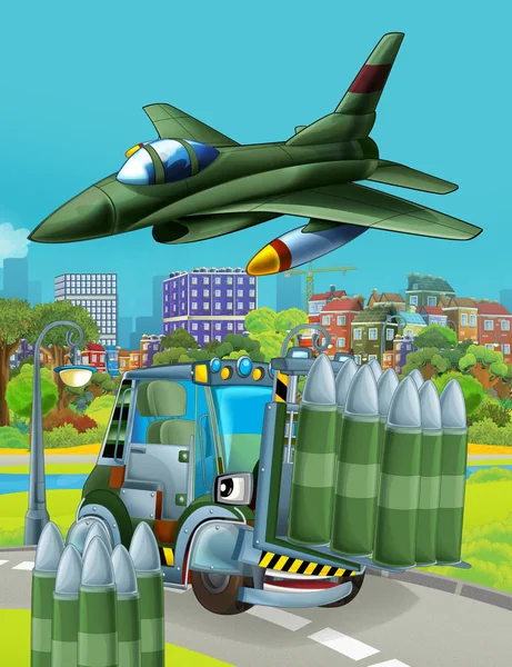 Escena de dibujos animados con vehículo militar coche del ejército en la carretera y avión de reacción volando sobre - ilustración para los niños —  Fotos de Stock