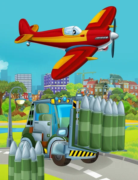 Zeichentrickszene mit Militärfahrzeug auf der Straße und überfliegendem Feuerwehrflugzeug - Illustration für Kinder — Stockfoto