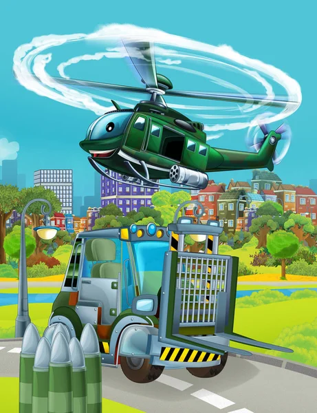 Zeichentrickszene mit Militärfahrzeug auf der Straße und Hubschrauber überfliegt - Illustration für Kinder — Stockfoto