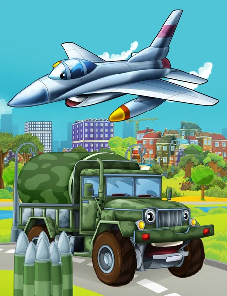 Scène de dessin animé avec véhicule militaire de l'armée sur la route et avion à réaction survolant illustration pour les enfants — Photo