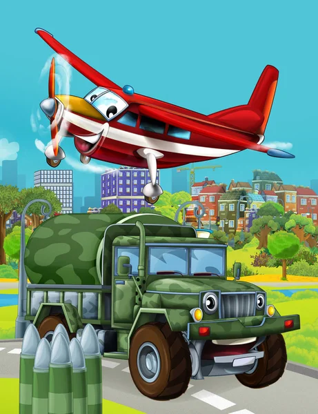 Rajzfilm jelenet katonai hadsereg autó jármű az úton, és a tűzoltó repülőgép repül át - illusztráció gyerekeknek — Stock Fotó
