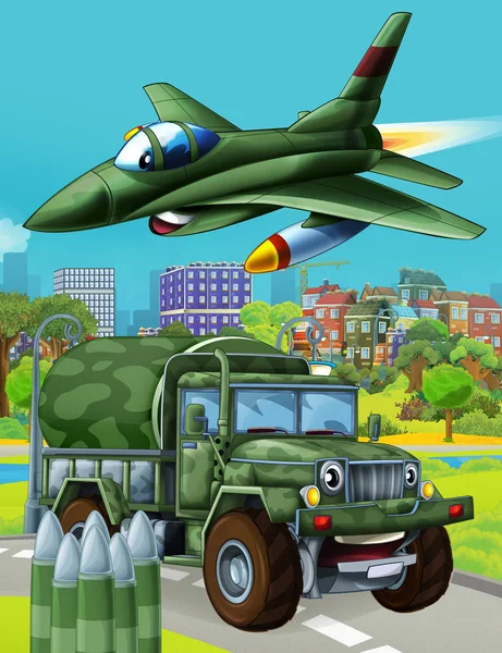 Мультяшна сцена з військовою машиною на дорозі та реактивним літаком, що літає - ілюстрація для дітей — стокове фото