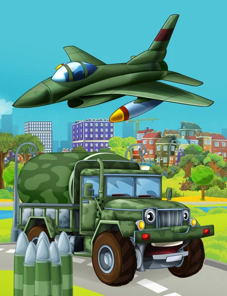 Cartoon scene with military army car vehicle on the road and jet plane flying over - illustration for children — 스톡 사진