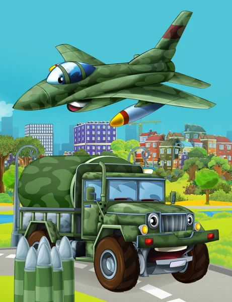 Cartoon scene with military army car vehicle on the road and jet plane flying over - illustration for children — 스톡 사진