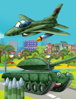 Karikatür sahnesi, yolda askeri araç tankı ve üzerinde uçan jet uçağı - çocuklar için illüstrasyon