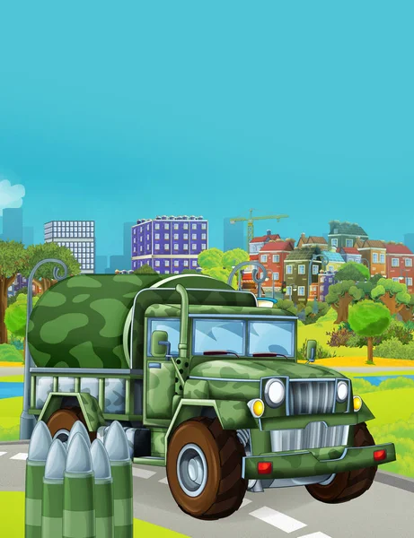 Cartoon scene met militaire leger auto voertuig op de weg - illustratie voor kinderen — Stockfoto