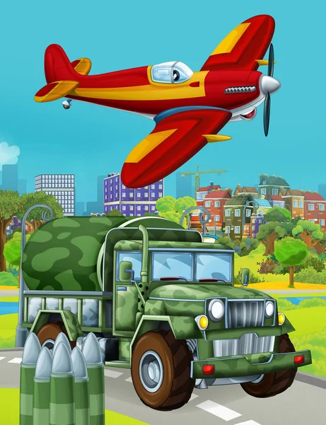 Cartoon scene with military army car vehicle on the road and fireman plane flying over - illustration for children — 스톡 사진