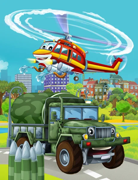 Cartoon scene met militaire leger auto voertuig op de weg en brandweerman helikopter vliegen over - illustratie voor kinderen — Stockfoto