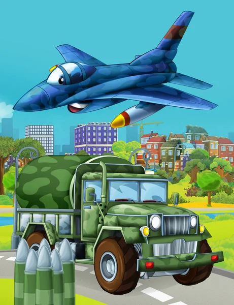 Zeichentrickszene mit Militärfahrzeug auf der Straße und überfliegendem Düsenflugzeug - Illustration für Kinder — Stockfoto