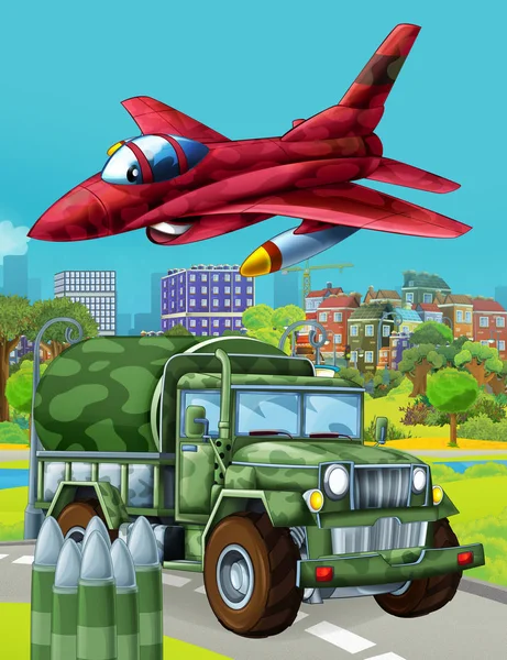 Zeichentrickszene mit Militärfahrzeug auf der Straße und überfliegendem Düsenflugzeug - Illustration für Kinder — Stockfoto