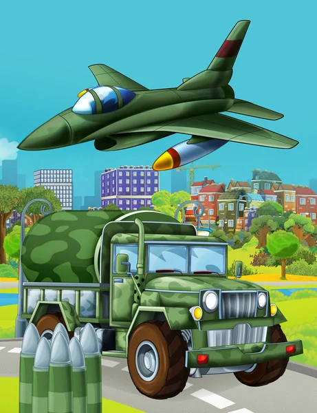 Cartoon scene with military army car vehicle on the road and jet plane flying over - illustration for children — 스톡 사진