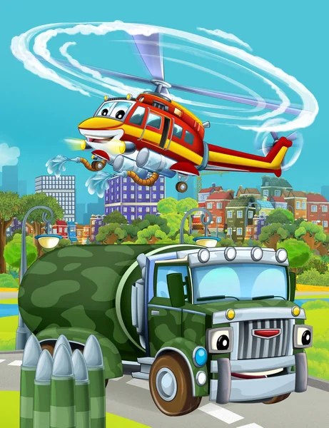 Cartoon scene met militaire leger auto voertuig op de weg en brandweerman helikopter vliegen over - illustratie voor kinderen — Stockfoto