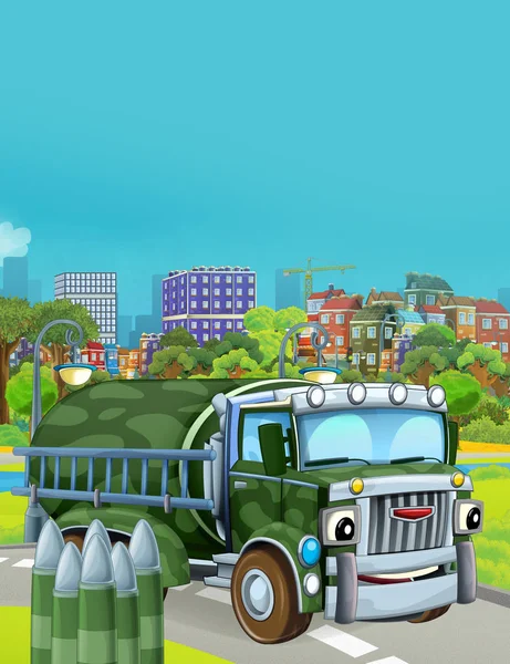 Scène de dessin animé avec véhicule militaire de l'armée sur la route illustration pour les enfants — Photo