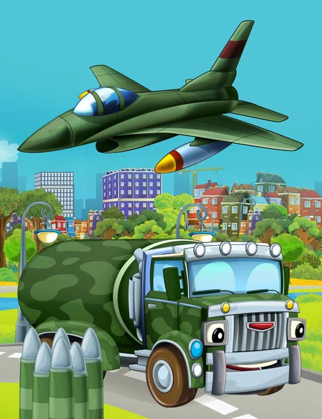 Rajzfilm jelenet katonai hadsereg autó jármű az úton, és sugárhajtású repülőgép repül át - illusztráció gyerekeknek — Stock Fotó