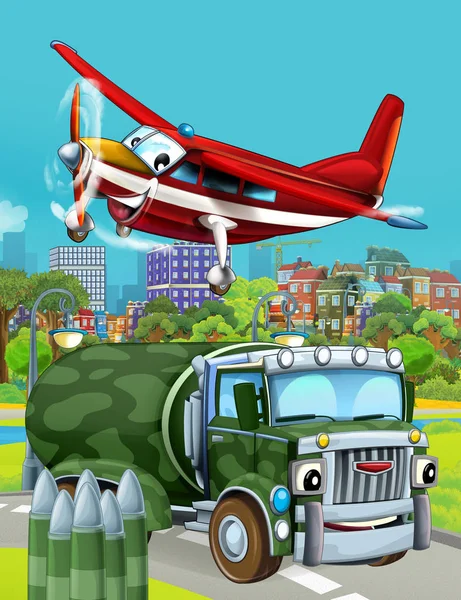 Cartoon scene with military army car vehicle on the road and fireman plane flying over - illustration for children — 스톡 사진