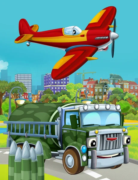 Cena dos desenhos animados com veículo de carro do exército militar na estrada e avião bombeiro sobrevoando ilustração para crianças — Fotografia de Stock