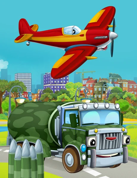 Scena dei cartoni animati con veicolo militare dell'esercito sulla strada e aereo pompiere che sorvola - illustrazione per bambini — Foto Stock