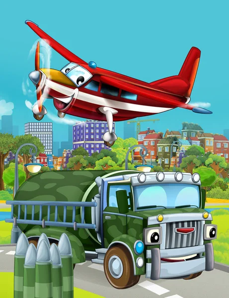 Cartoon scene with military army car vehicle on the road and fireman plane flying over - illustration for children — Stock Photo, Image