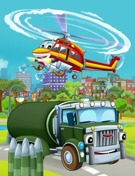 Zeichentrickszene mit Militärfahrzeug auf der Straße und überfliegendem Feuerwehrhubschrauber - Illustration für Kinder — Stockfoto