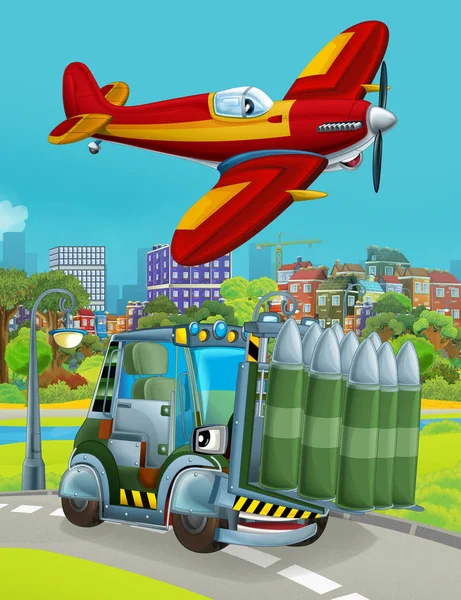 Rajzfilm jelenet katonai hadsereg autó jármű az úton, és a tűzoltó repülőgép repül át - illusztráció gyerekeknek — Stock Fotó