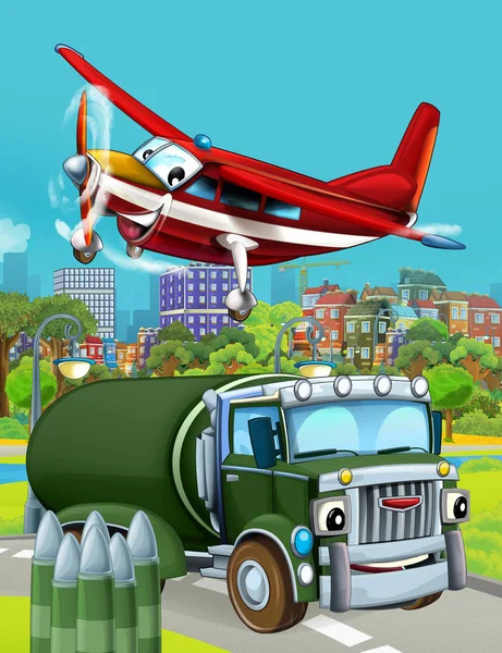 Cartoon scene with military army car vehicle on the road and fireman plane flying over - illustration for children — Stock Photo, Image