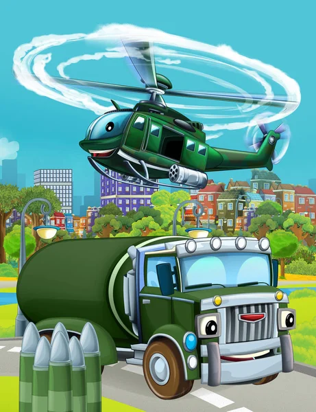 Rajzfilm jelenet katonai hadsereg autó jármű az úton, és helikopter repül át - illusztráció gyerekeknek — Stock Fotó