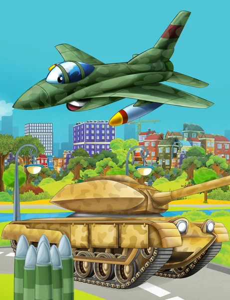 Мультяшна сцена з танком військової машини на дорозі та реактивним літаком - ілюстрація для дітей — стокове фото