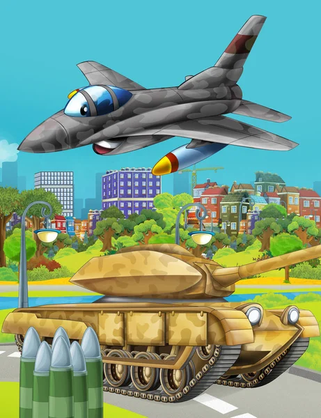 Cena dos desenhos animados com tanque de veículo de carro do exército militar na estrada e avião a jato sobrevoando ilustração para crianças — Fotografia de Stock