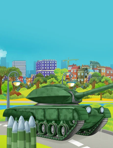 cartoon scene with military army car vehicle tank on the road - illustration for children