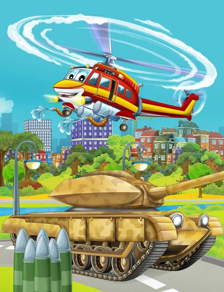 Cartoon scene met militaire leger auto tank op de weg en brandweerman helikopter vliegen over - illustratie voor kinderen — Stockfoto