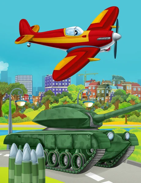 Cartoon scene met militaire leger auto voertuig tank op de weg en het vliegtuig vliegen over - illustratie voor kinderen — Stockfoto