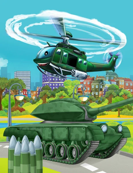 Cena dos desenhos animados com tanque de veículo de carro do exército militar na estrada e helicóptero sobrevoando ilustração para crianças — Fotografia de Stock