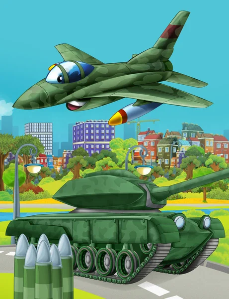 Cartoon scene with military army car vehicle tank on the road and jet plane flying over - illustration for children — Stock Photo, Image