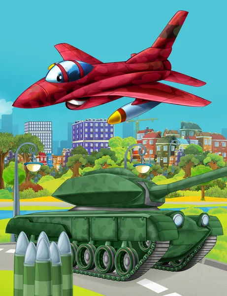Cena dos desenhos animados com tanque de veículo de carro do exército militar na estrada e avião a jato sobrevoando ilustração para crianças — Fotografia de Stock