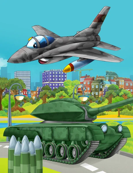 군사용 자동차 탱크 가 도로에 있는 만화 장면 과 아이들을 위한 제트 기가 상공을 날고 있는 장면 — 스톡 사진