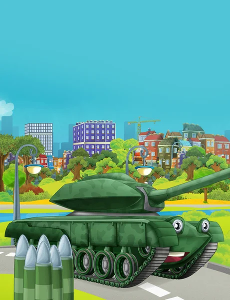 Cena dos desenhos animados com tanque de veículo de carro do exército militar na estrada - ilustração para crianças — Fotografia de Stock