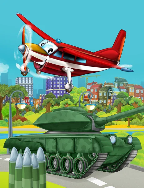 Cartoon scene met militaire leger auto voertuig tank op de weg en het vliegtuig vliegen over - illustratie voor kinderen — Stockfoto