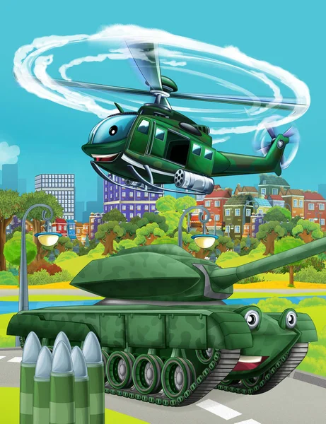 Scena kreskówek z wojskowym czołgiem samochodowym armii na drodze i helikopter przelatujący nad - ilustracja dla dzieci — Zdjęcie stockowe
