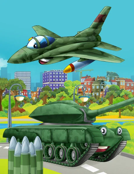 Cartoon scene with military army car vehicle tank on the road and jet plane flying over - illustration for children — Stock Photo, Image