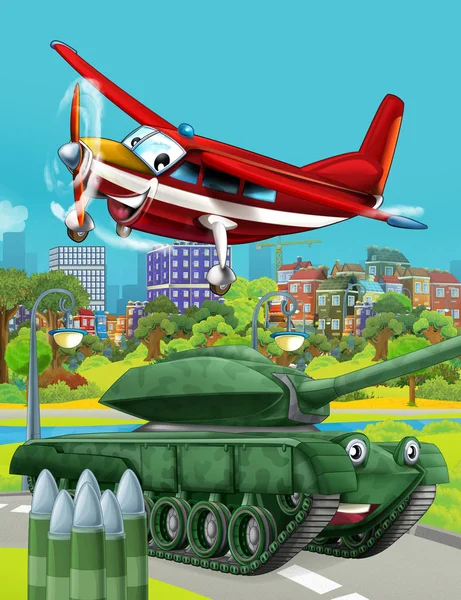 Cartoon scene met militaire leger auto voertuig tank op de weg en het vliegtuig vliegen over - illustratie voor kinderen — Stockfoto