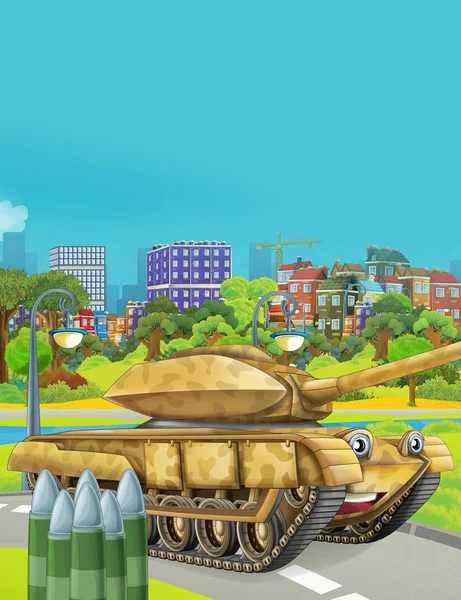 Cartoon scene met militaire leger auto tank op de weg - illustratie voor kinderen — Stockfoto