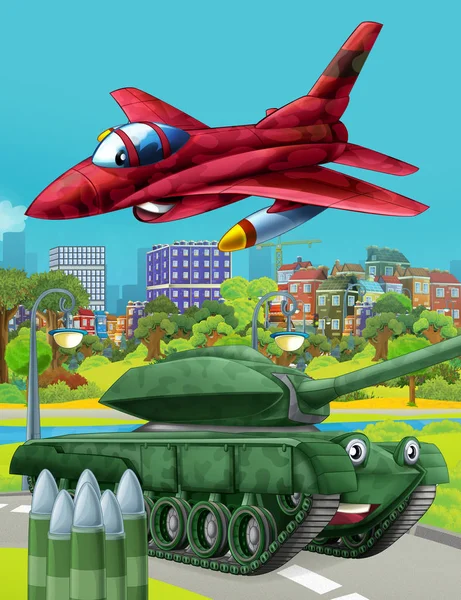 Мультяшна сцена з танком військової машини на дорозі та реактивним літаком - ілюстрація для дітей — стокове фото