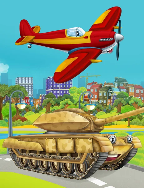 Cartoon scene met militaire leger auto tank op de weg en brandweerman vliegtuig vliegen over - illustratie voor kinderen — Stockfoto