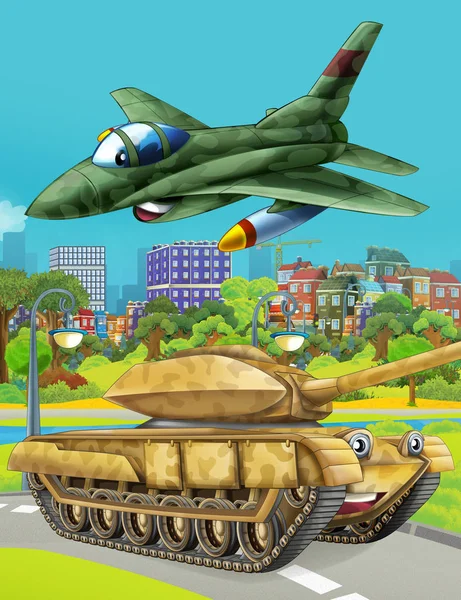 Tecknad scen med militär armé bil vagn tank på vägen och jetplan flyger över - illustration för barn — Stockfoto